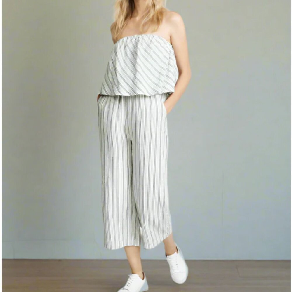 Joie Strapless Wide Leg Crop Romper Womens Small Linen Striped Brogan Jumpsuit